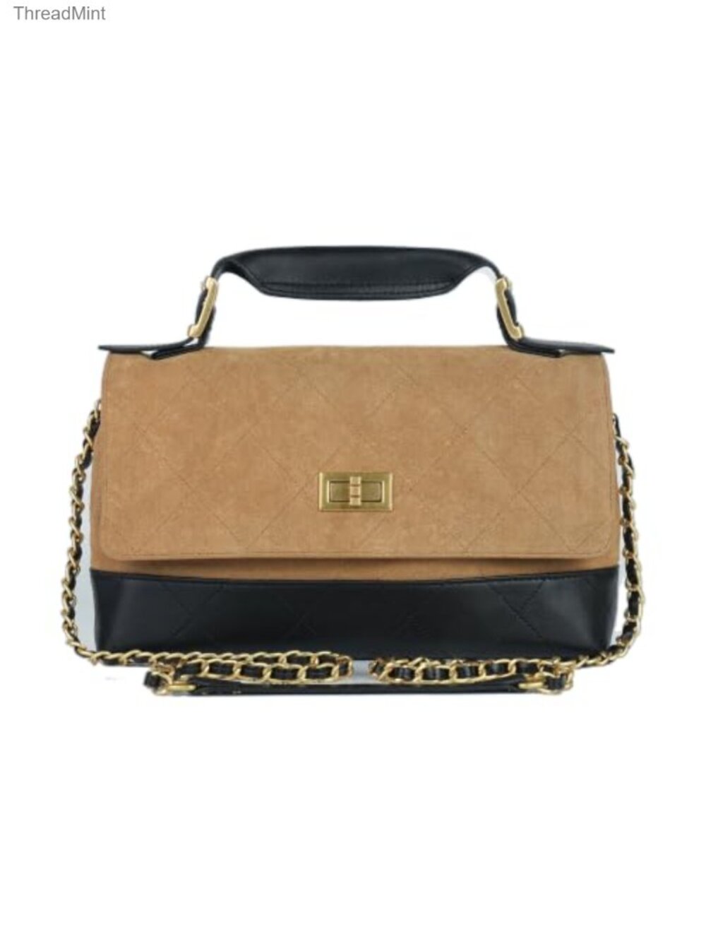 Quilted Lambskin Leather Suede Shoulder Bag with Chain Strap & Satchel Flap